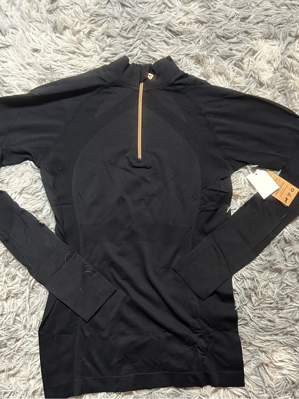 Antique Black Seamless Quarter-Zip Top with Gold-Toned Tag Accent
